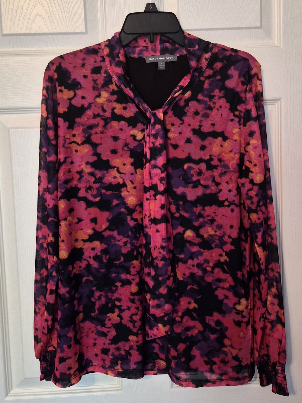 Kate & Mallory Pink and Purple Floral Tie-Neck Blouse
